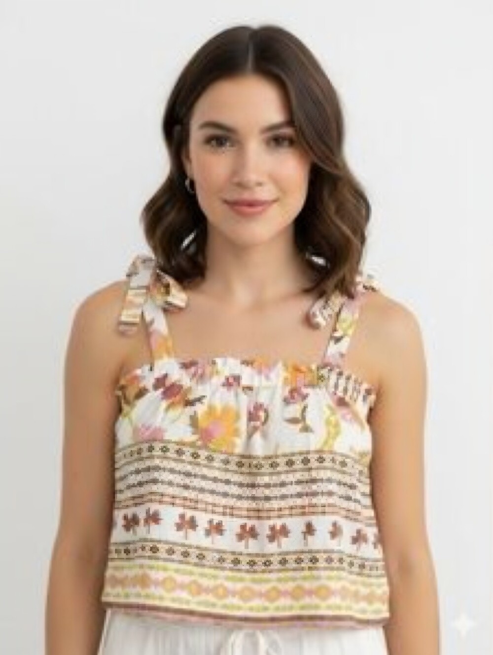 Good Luck Gem Floral Tie-Shoulder Smocked Crop Top in White and Pink